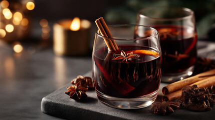 Cozy mulled wine with cinnamon stick in glass, seasonal beverage with spice garnish, winter warming drink presentation, holiday refreshment display, festive libation showcase, with copy space