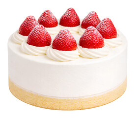 traditional japanese strawberry shortcake with soft sponge layers and smooth whipped cream topped with fresh whole strawberries on transparent background for elegant bakery dessert presentation