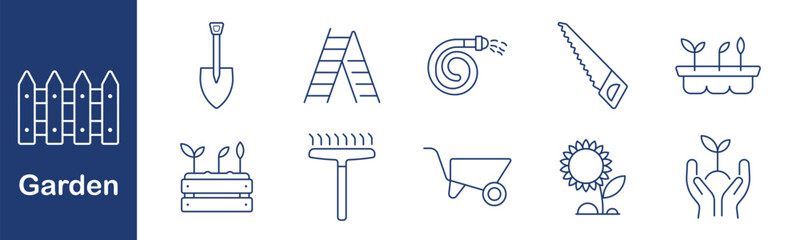 Garden set icon. Fence, shovel, ladder, hose, saw, seedlings, planter, rake, cart, flower, hands. Yard, tool, planting, growth, soil, agriculture, maintenance, nature, bloom, care.