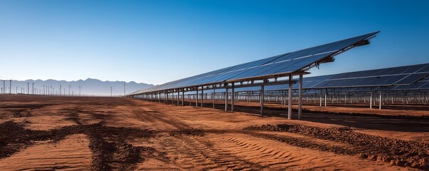 Massive rows of photovoltaic panels spanning an arid desert landscape under a bright blue sky, concept for future power infrastructure, sustainability initiatives and green electricity promotion