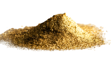 A small heap of fine gold dust sparkling particles on white background, luxury material concept with golden powder and precious metal and shiny gold
