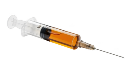 Clear plastic syringe filled with amber liquid and sharp needle on black background medical image