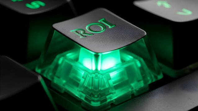 Glowing green keycap with the letters ROI illuminated on a dark keyboard