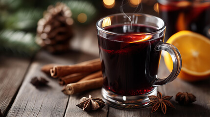 Hot mulled wine on desk and winter time, seasonal beverage on surface, cold weather drink display, holiday refreshment presentation, festive warming libation, with copy space