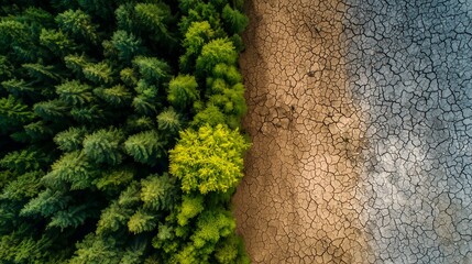 Aerial view of lush green forest bordering cracked dry desert earth, illustrating stark ecological contrast, concept for environmental awareness, climate change solutions and global warming