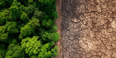 Overhead view contrasting vibrant green forest with extremely dry cracked soil, illustrating climate change impact, concept for ecology preservation, drought awareness and global environmental reports