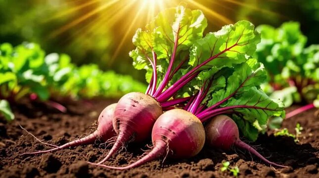 Fresh, freshly picked beets lying on the ground and growing in the soil in the sunlight of the garden
