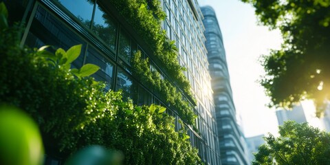 An image of a modern office building emphasizing its use of natural light and green spaces for environmental sustainability.