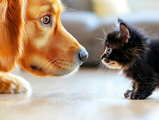 Adorable Golden Retriever Dog and Black Kitten Face-to-Face Interaction