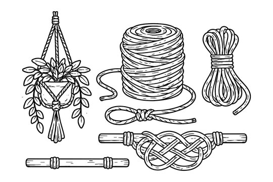 Macrame supplies and knots: rope, plant hanger, and decorative techniques for crafts