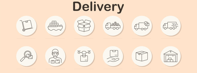 Delivery set icon. Trolley, cargo ship, unboxing, truck, checklist, fast delivery, search, courier, drone, parcel, box, warehouse.