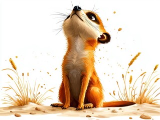 Cute Meerkat Illustration Looking Up on Desert Sand