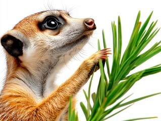 Adorable Meerkat Reaching for Green Plant Isolated on White Background