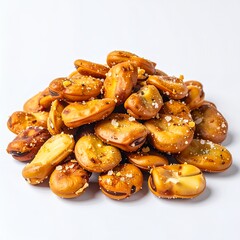 Elevated stack of roasted broad beans with scattered salt on a white background