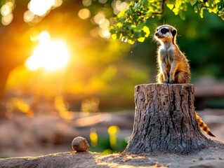 Alert Meerkat on Tree Stump in Golden Hour Sunset Light