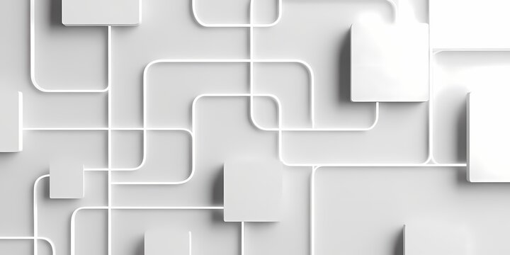 Abstract geometric composition of interlocking white blocks and panels on a gray background