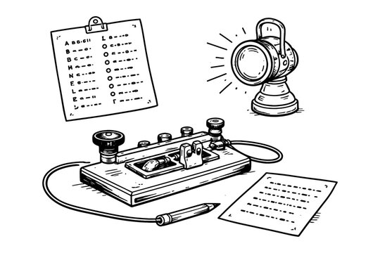 Vintage morse code telegraph setup with signal lantern and coded messages