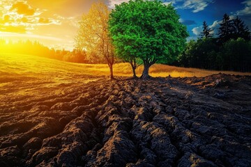A stark contrast between live and dead trees in drought-affected areas.