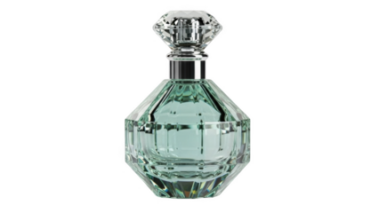 Faceted glass perfume bottle with diamond shaped cap and light blue liquid on black background image