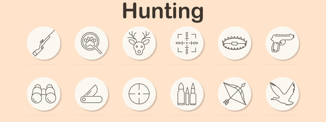 Hunting set icon. Rifle, paw print, deer, target, bear trap, pistol, binoculars, knife, scope, bullets, bow, bird.