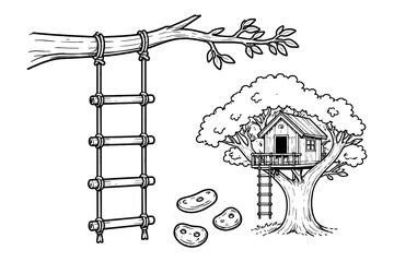 Tree house adventure with rope ladder and tree slices in a sketchy style