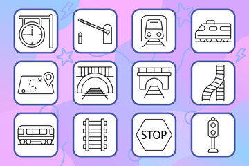 Railway set icon. Train, tunnel, rail, bridge, map, stop, signal, station, route, track, locomotive, crossing, subway, travel, journey, transportation, metro, transport, schedule, traffic