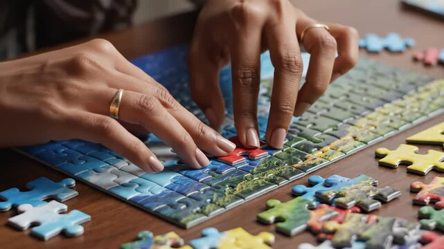 Person assembling a colorful landscape puzzle