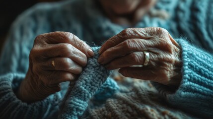 An old lady with blue knitwear is busy knitting a scarf. She wears a ring on her finger and has wrinkles on her hands. The image captures the moment of concentration on her craft.