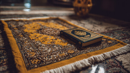 Ornate prayer rug with a holy book.