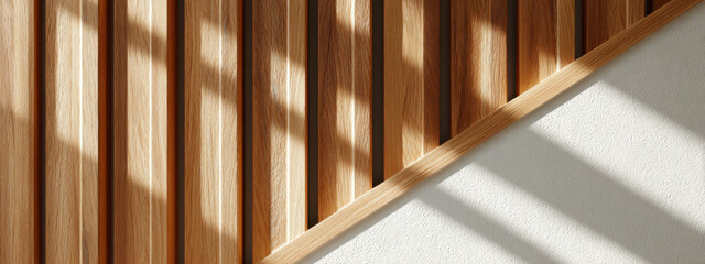 Wood paneling and white wall detail with natural light casting shadows.