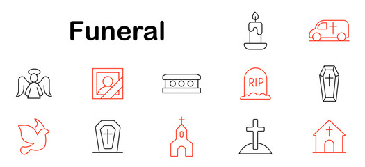 Funeral set icon. Candle, coffin, cross, grave, church, photo, angel, hearse, dove, tombstone, ceremony, sadness, farewell, memory, rest, prayer.