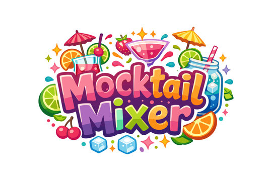 Colorful mocktail mixer design with vibrant fruits and glasses