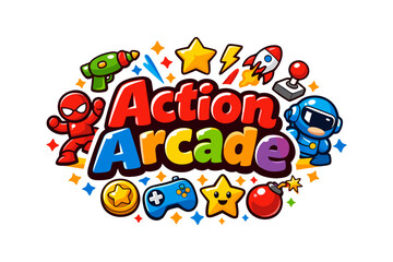 Colorful retro game theme with robots, stars, and gaming icons