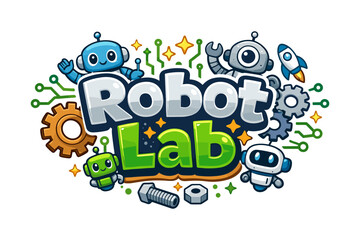 Colorful cartoon robot characters with gears and tools for kids science theme