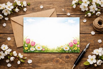 Spring greeting card with daisies and tulips on wooden table, surrounded by envelope, blossoms, and pen