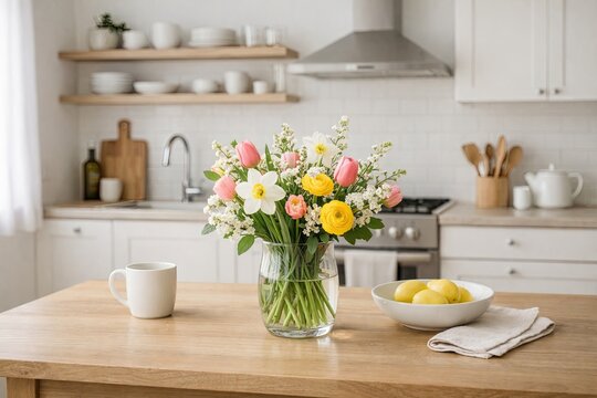 Bright kitchen interior with fresh spring flower bouquet in vase, lemons, and coffee cup on wooden island