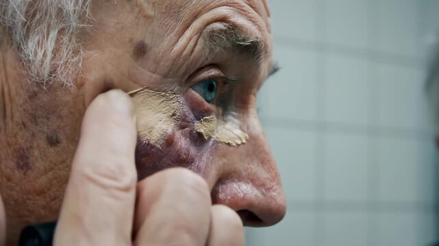 An elderly man focuses intently on his reflection as he masterfully applies makeup, revealing a world of beauty and self-expression in a calm washroom environment, brimming with artistic flair.
