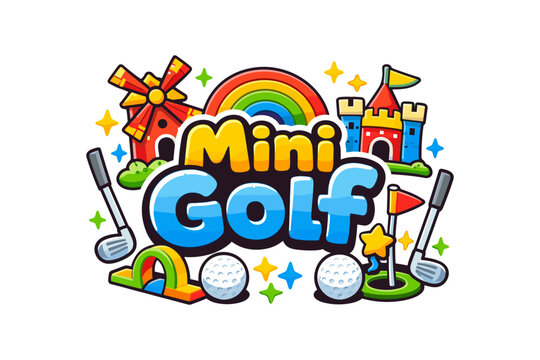 Colorful mini golf icon set with windmill and castle elements