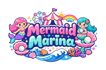 Fototapeta premium Mermaid marina fantasy theme with cute mermaids and ocean elements in colorful cartoon style