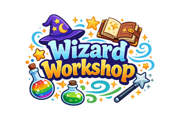 Fototapeta premium Magical workshop design with hat, spell book, potions, and wand in colorful cartoon style
