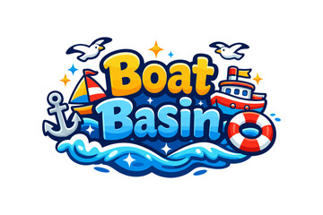 Fototapeta premium Bright nautical logo with boat, waves, and seagulls in cartoon style