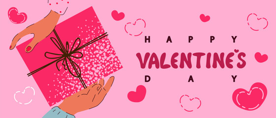 Valentine's Day background. Hands holding a gift. Happy Valentine's Day! Vector illustration.
