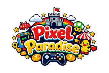 Naklejka premium Retro gaming wonderland: colorful pixel art adventure with arcade icons