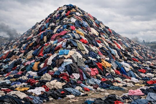 Massive pile of discarded clothes forming mountain under cloudy sky representing fast fashion waste crisis