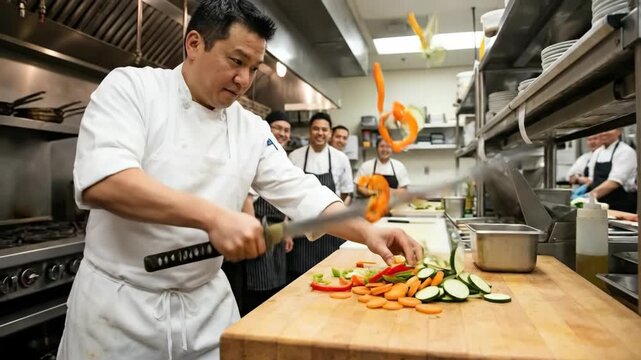 Asian chef chopping vegetables with katana sword in commercial kitchen featuring dynamic slicing action and smiling staff background