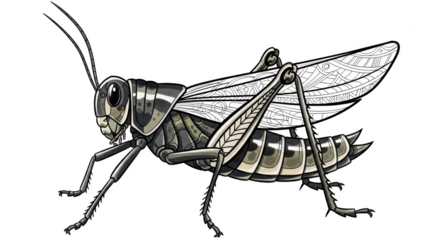 Metallic gray grasshopper with intricate wing patterns on black background insect silver