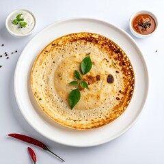 Crispy dosa presentation on a clean white background shows indian culinary delight
