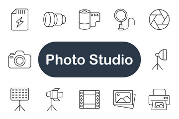 Photo Studio set icon. Camera, lens, flash, tripod, softbox, photo, lighting, printer, picture, film, spotlight, reflector, photography, production, background, shoot, image, technology, composition