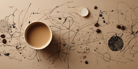 Top view of a coffee cup on a beige desk with abstract ink scribbles