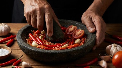 Close up of hands grinding chili peppers and tomatoes in a traditional stone mortar.